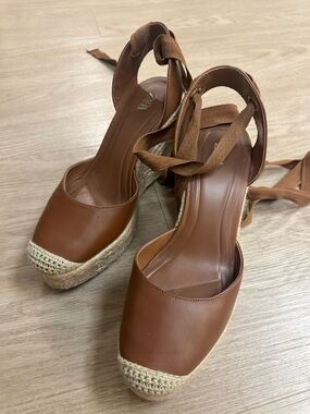 Zara Tan Brown Espadrille Wedge Sandals with Wrap Ankle Tie